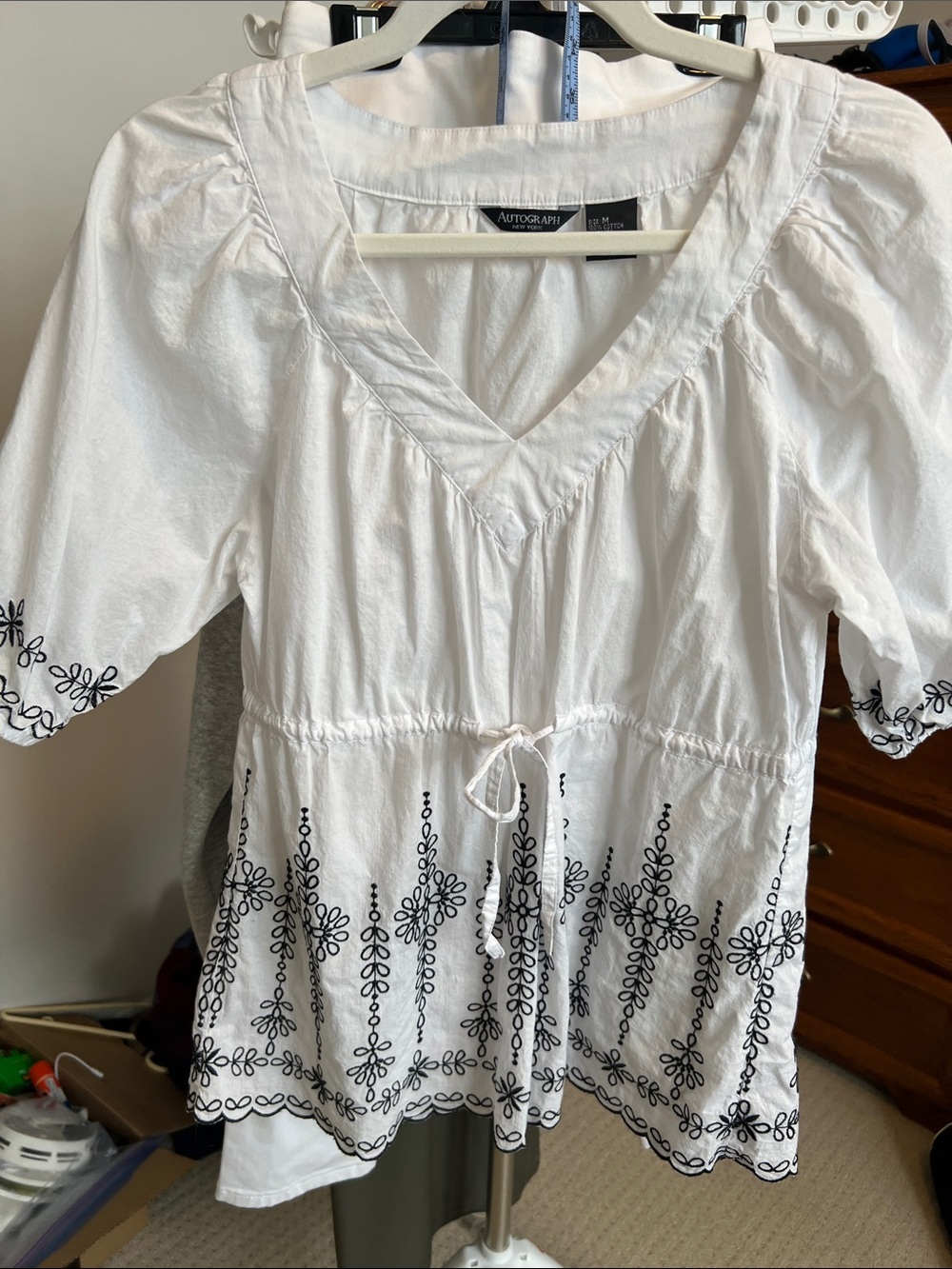 Autograph White Cotton V-Neck Peasant Top with Black Embroidery